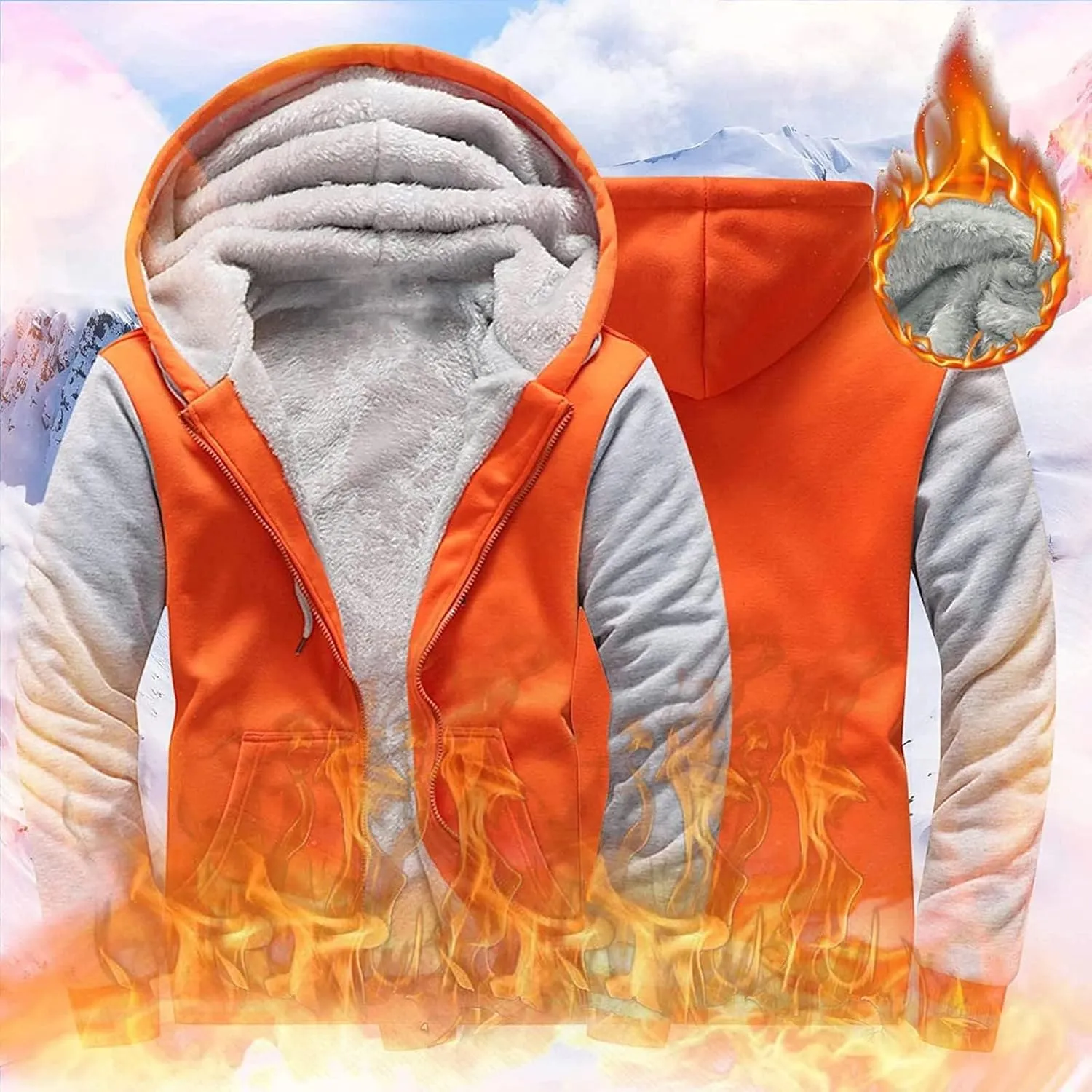 Men's Zip Up Hoodie Wool Warm Thick Coats Heavyweight Winter Sweatshirt Comfy Fleece Lined Hoodie Jacket Hooded Coat