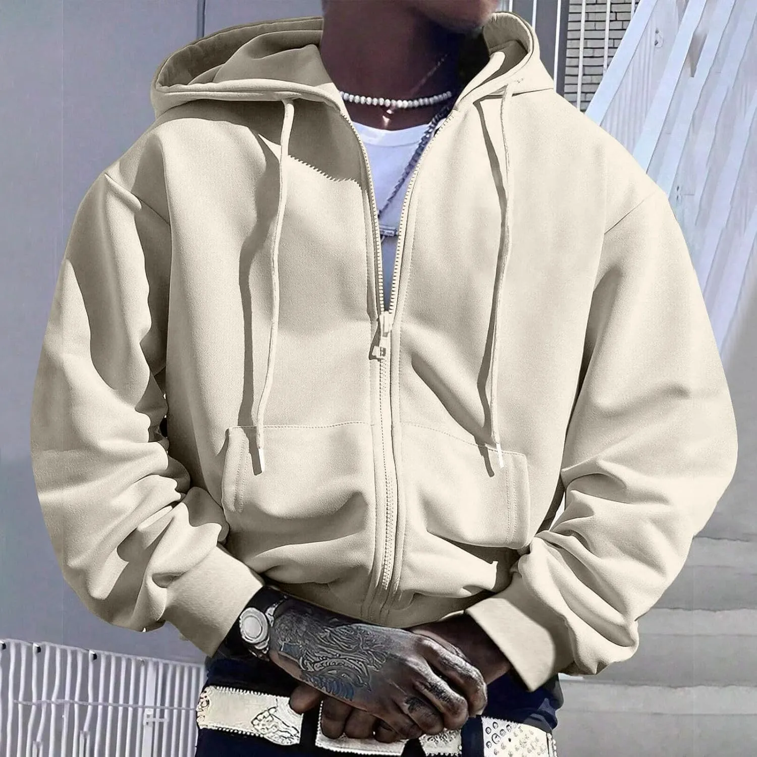 Men's Zip Up Hoodies Drawstring Sweatshirt Long Sleeve Lounge Cardigan Comfy Soft Solid Color Tops with Pocket