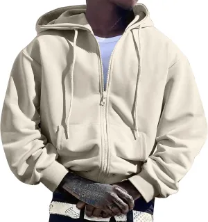 Men's Zip Up Hoodies Drawstring Sweatshirt Long Sleeve Lounge Cardigan Comfy Soft Solid Color Tops with Pocket