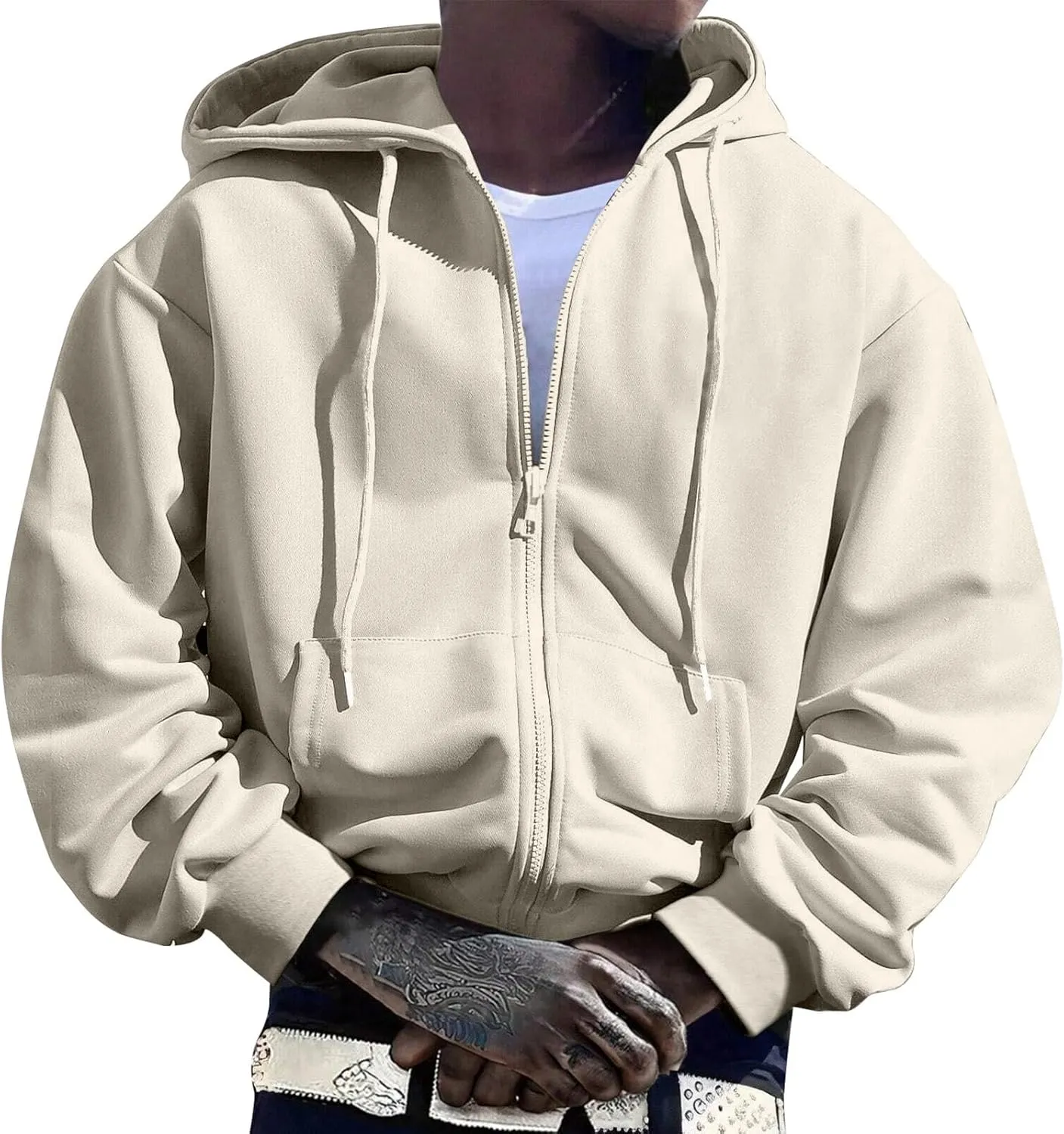 Men's Zip Up Hoodies Drawstring Sweatshirt Long Sleeve Lounge Cardigan Comfy Soft Solid Color Tops with Pocket