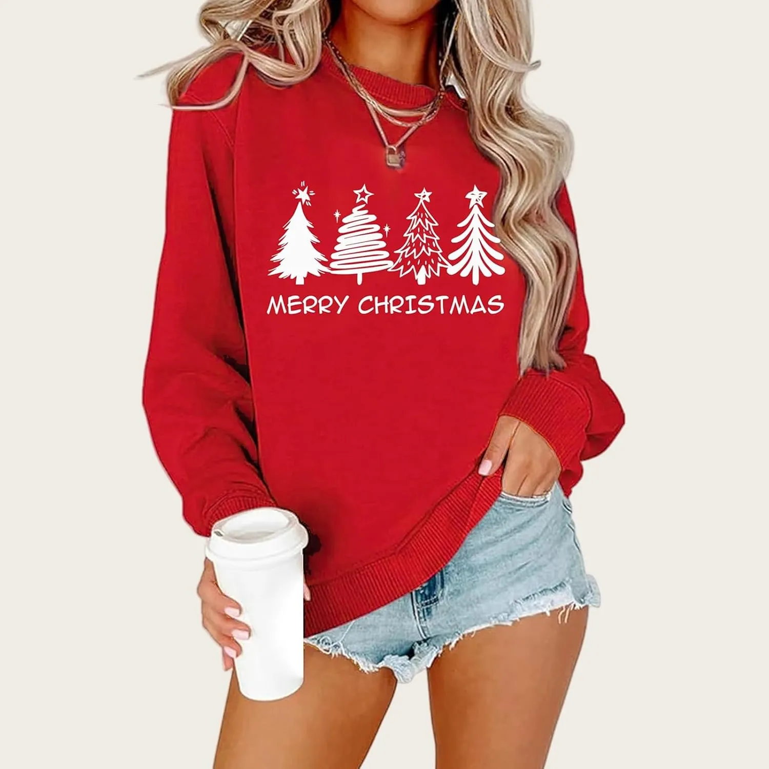 Merry Christmas Sweatshirt for Women 2024 Xmas Tree Fashion Graphic Shirt Holiday Long Sleeve Crewneck Pullover Tops