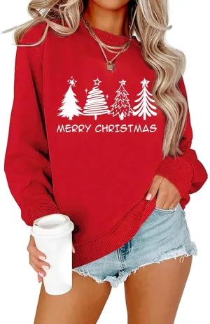 Merry Christmas Sweatshirt for Women 2024 Xmas Tree Fashion Graphic Shirt Holiday Long Sleeve Crewneck Pullover Tops