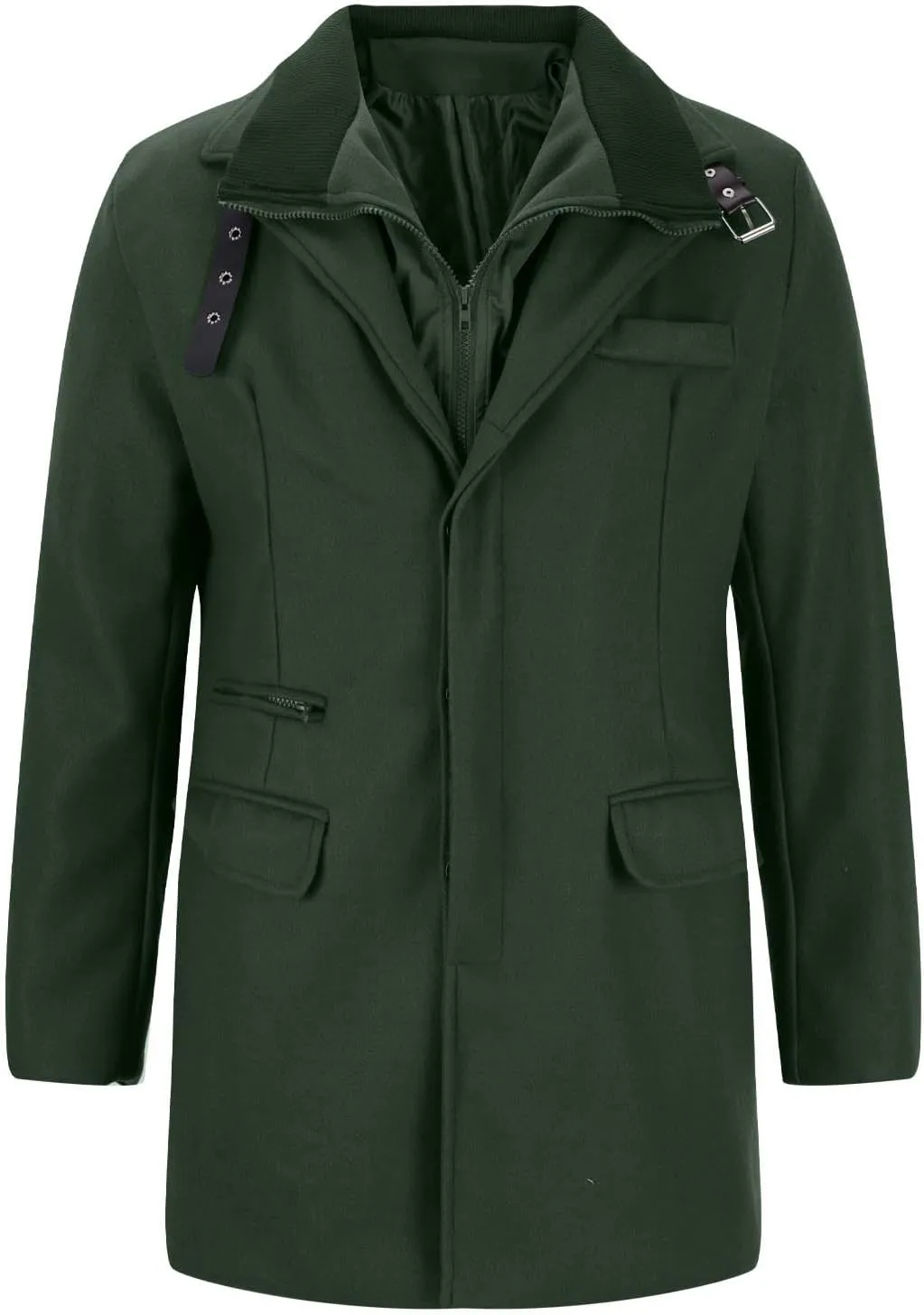 Mid Length Trench Coat Men Big and Tall Wool Trench Coat Notch Collar Trench Coat Zip Up Wool Pea Coat with Pockets