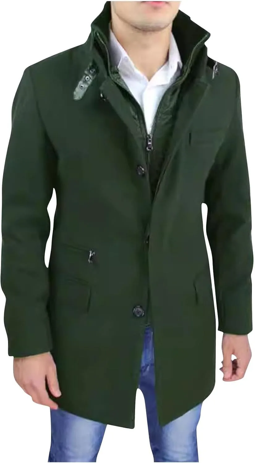 Mid Length Trench Coat Men Big and Tall Wool Trench Coat Notch Collar Trench Coat Zip Up Wool Pea Coat with Pockets