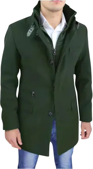 Mid Length Trench Coat Men Big and Tall Wool Trench Coat Notch Collar Trench Coat Zip Up Wool Pea Coat with Pockets