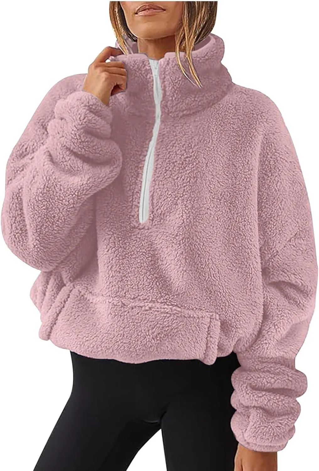 midelxp Womens Sherpa Fleece Half Zip Pullover Sweaters Soft Warm Oversized Sweatshirts Winter Fluffy Sweater with Pocket