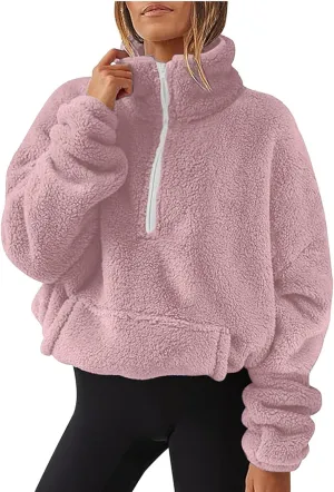 midelxp Womens Sherpa Fleece Half Zip Pullover Sweaters Soft Warm Oversized Sweatshirts Winter Fluffy Sweater with Pocket