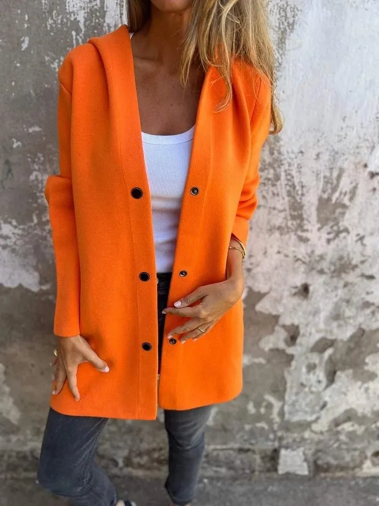 Mmoneyake Casual Jackets for Women Lapel Single Breasted Hooded Jacket Fall Trench Coat Long Sleeve Button Down Shirt Shacket