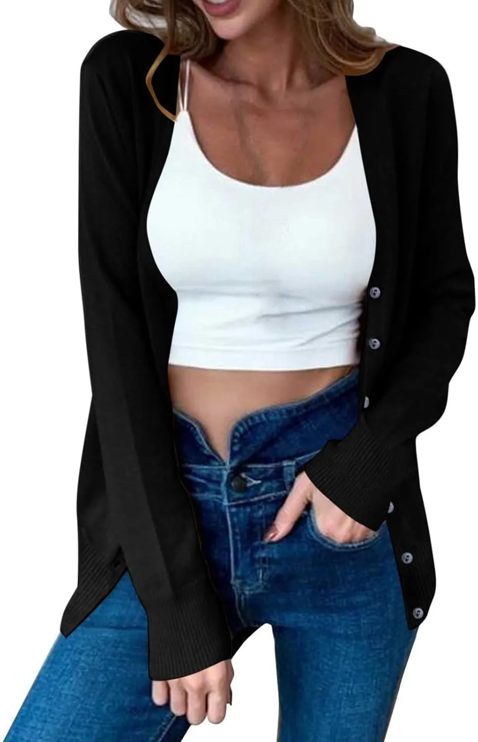 MRGIINRI Womens 2024 Fall Cardigan Sweaters Lightweight V-Neck Long Sleeve Open Front Button Up Knitted Cardigans Outerwear