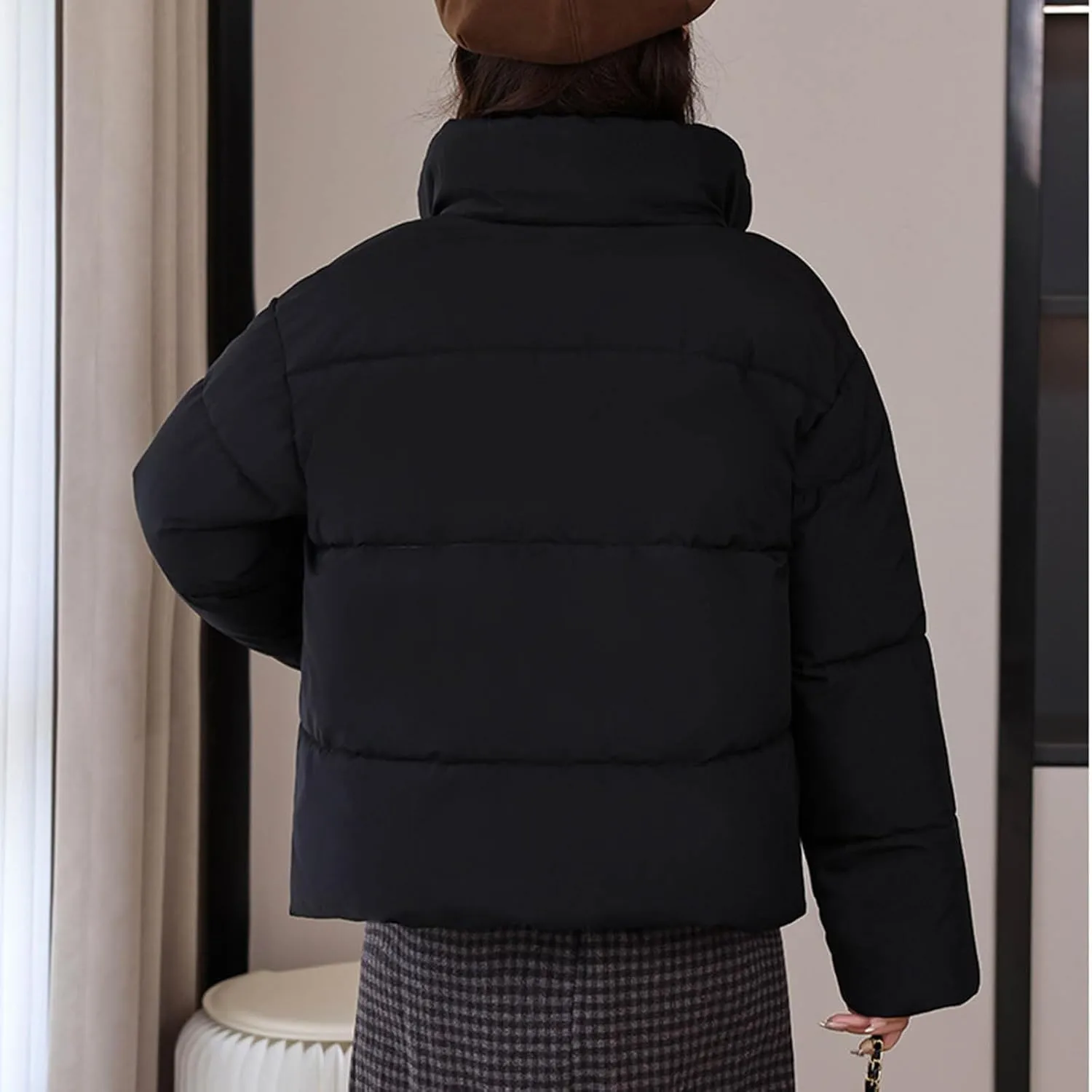 NATHGAM Women Short Puffer Down Jackets Cute Warm Winter Stand Collar Bread Jacket Fashion Casual Loose Cotton Padded Jacket