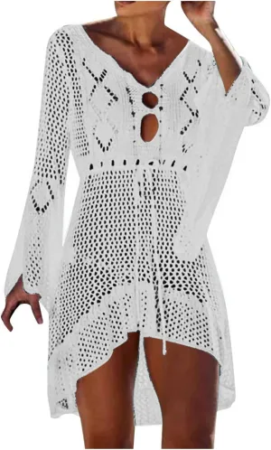 Oplxuo Women's Beach Cover Up Dresses Summer Sexy Hollow Out Crochet Knit Bikini Swimsuit Flared Sleeve Net Cardigan Dress