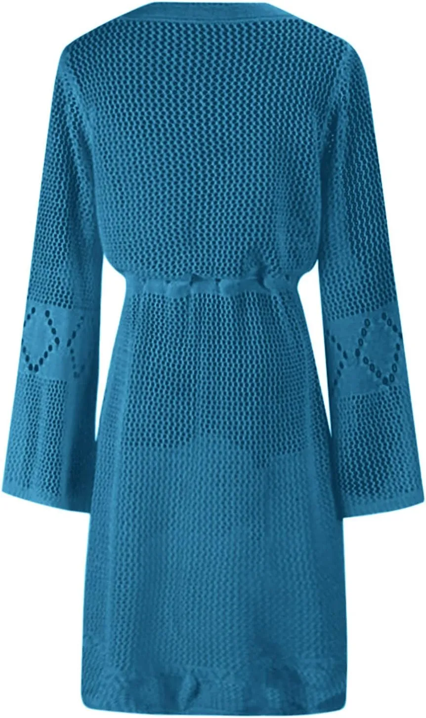 Oplxuo Women's Beach Cover Up Dresses Summer Sexy Hollow Out Crochet Knit Bikini Swimsuit Flared Sleeve Net Cardigan Dress