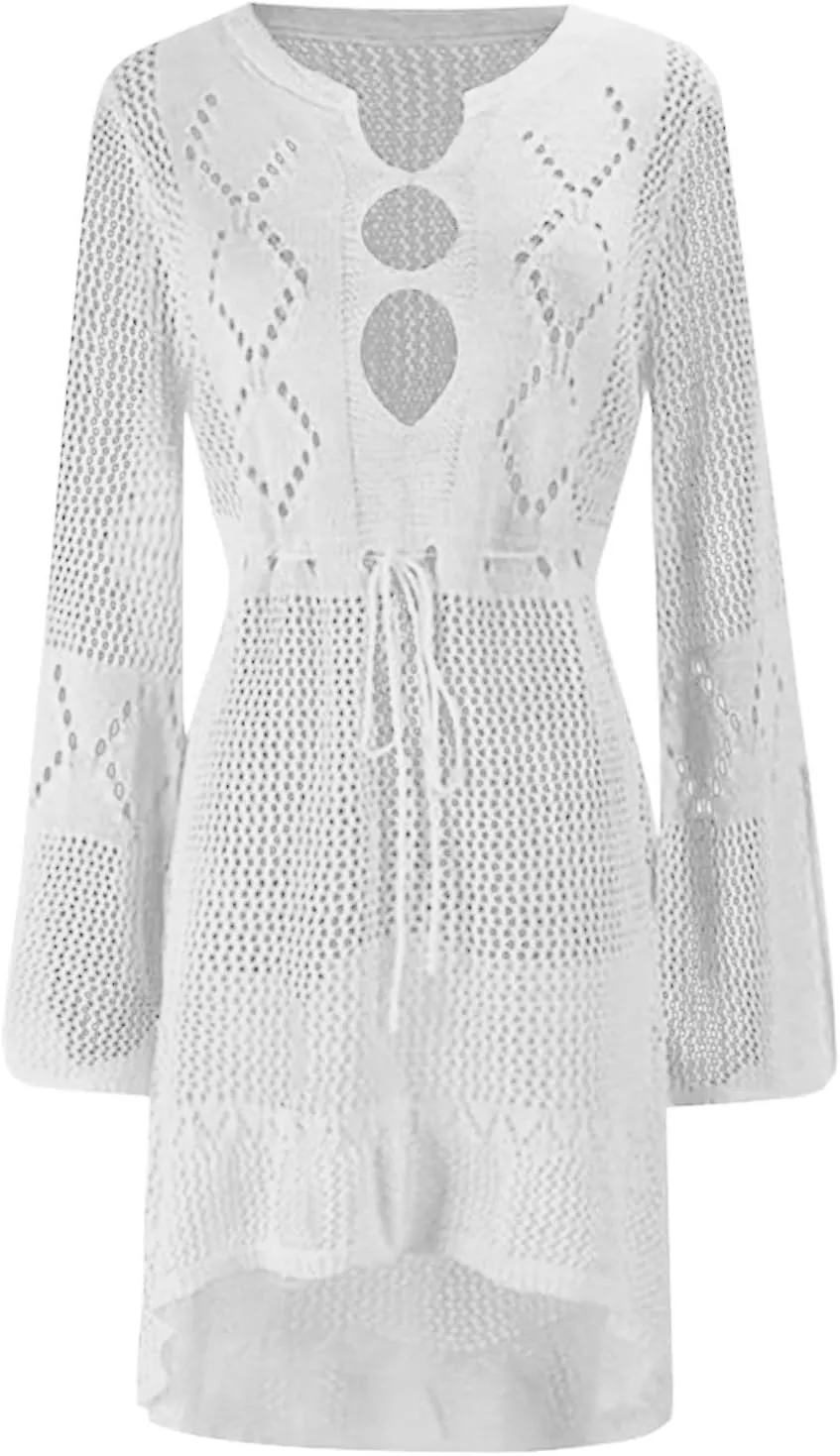 Oplxuo Women's Beach Cover Up Dresses Summer Sexy Hollow Out Crochet Knit Bikini Swimsuit Flared Sleeve Net Cardigan Dress