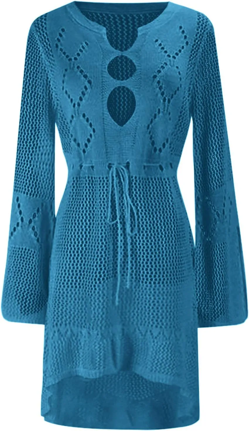Oplxuo Women's Beach Cover Up Dresses Summer Sexy Hollow Out Crochet Knit Bikini Swimsuit Flared Sleeve Net Cardigan Dress