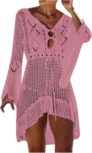 Oplxuo Women's Beach Cover Up Dresses Summer Sexy Hollow Out Crochet Knit Bikini Swimsuit Flared Sleeve Net Cardigan Dress