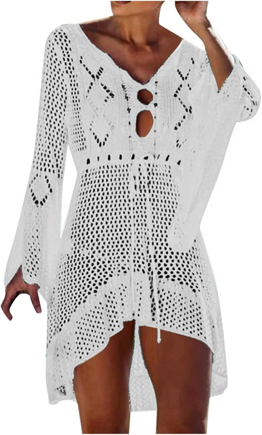 Oplxuo Women's Beach Cover Up Dresses Summer Sexy Hollow Out Crochet Knit Bikini Swimsuit Flared Sleeve Net Cardigan Dress