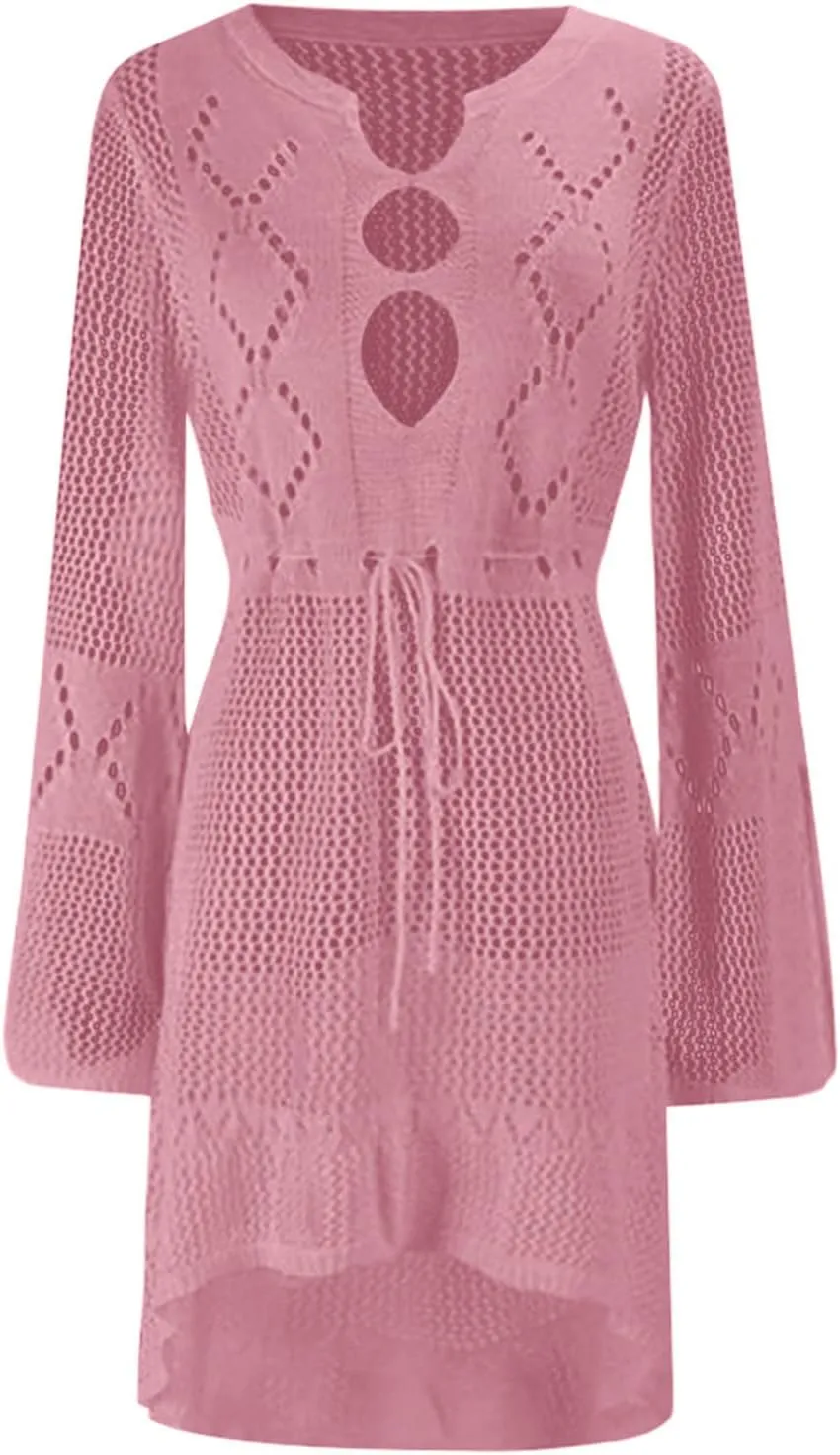 Oplxuo Women's Beach Cover Up Dresses Summer Sexy Hollow Out Crochet Knit Bikini Swimsuit Flared Sleeve Net Cardigan Dress