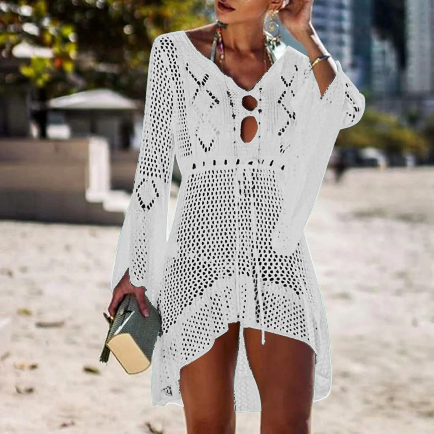 Oplxuo Women's Beach Cover Up Dresses Summer Sexy Hollow Out Crochet Knit Bikini Swimsuit Flared Sleeve Net Cardigan Dress