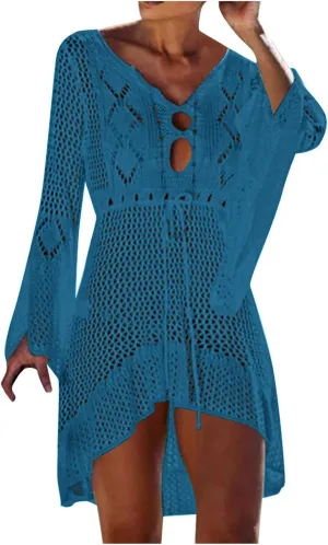 Oplxuo Women's Beach Cover Up Dresses Summer Sexy Hollow Out Crochet Knit Bikini Swimsuit Flared Sleeve Net Cardigan Dress