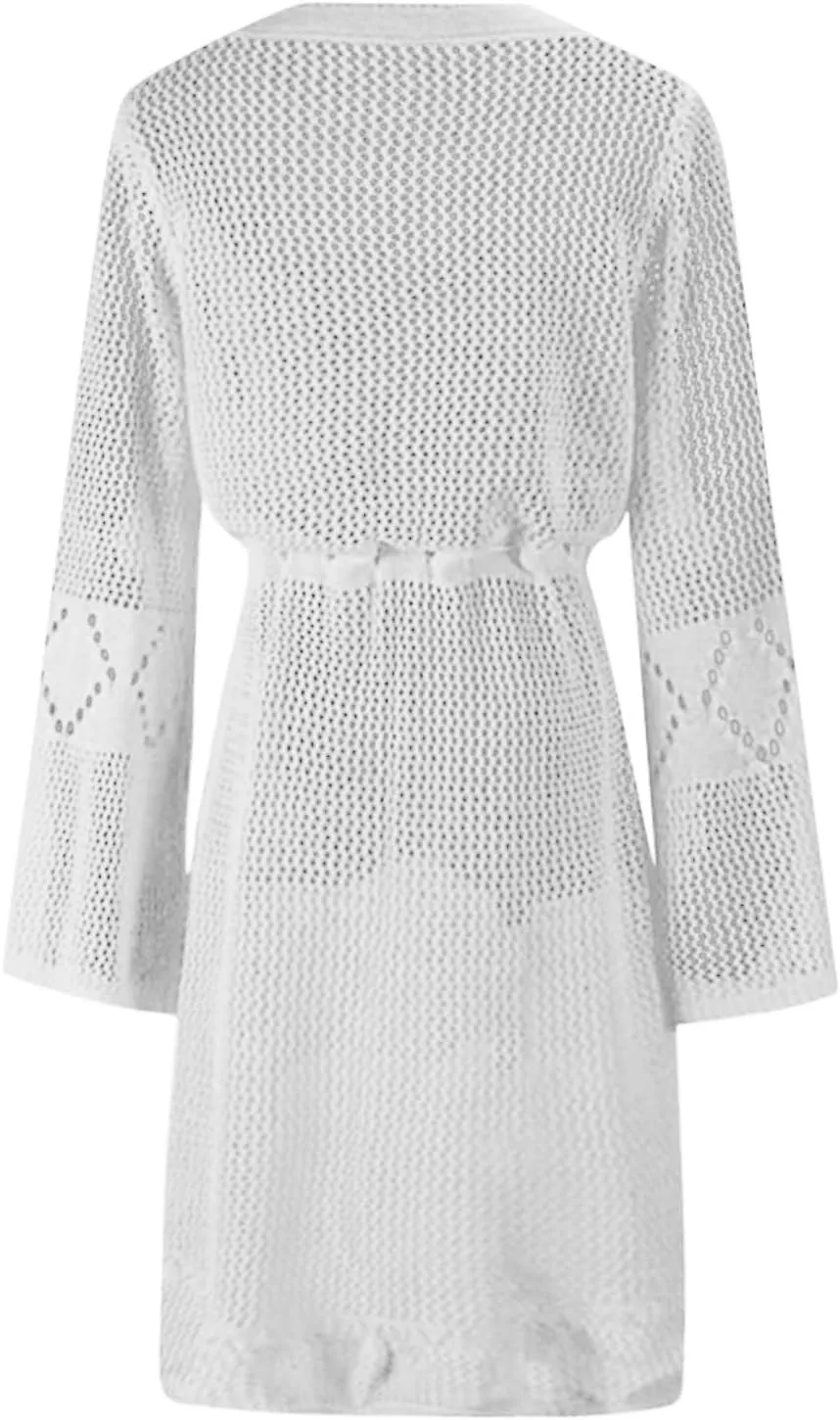 Oplxuo Women's Beach Cover Up Dresses Summer Sexy Hollow Out Crochet Knit Bikini Swimsuit Flared Sleeve Net Cardigan Dress