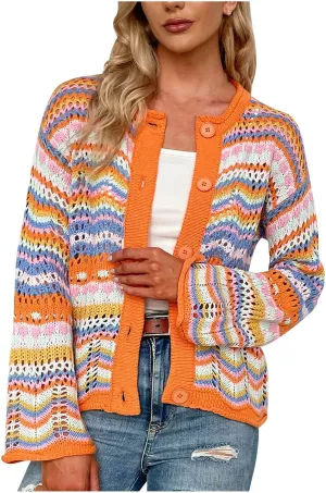 Oplxuo Women's Cardigan Sweaters Tops Ladies Sexy Hollow Out Rainbow Coats Crochet Knit Outwear Long Sleeve Button Cardigans