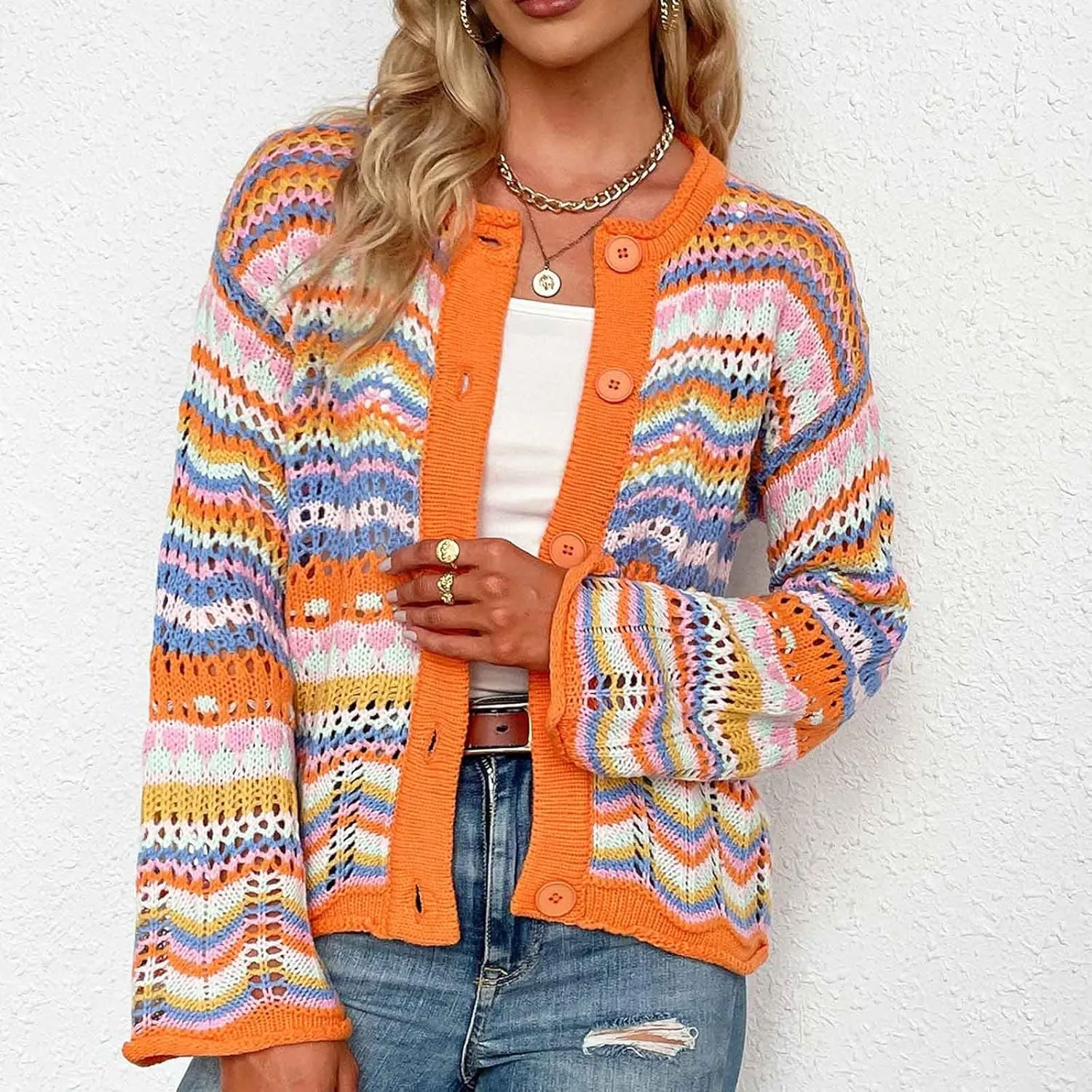 Oplxuo Women's Cardigan Sweaters Tops Ladies Sexy Hollow Out Rainbow Coats Crochet Knit Outwear Long Sleeve Button Cardigans