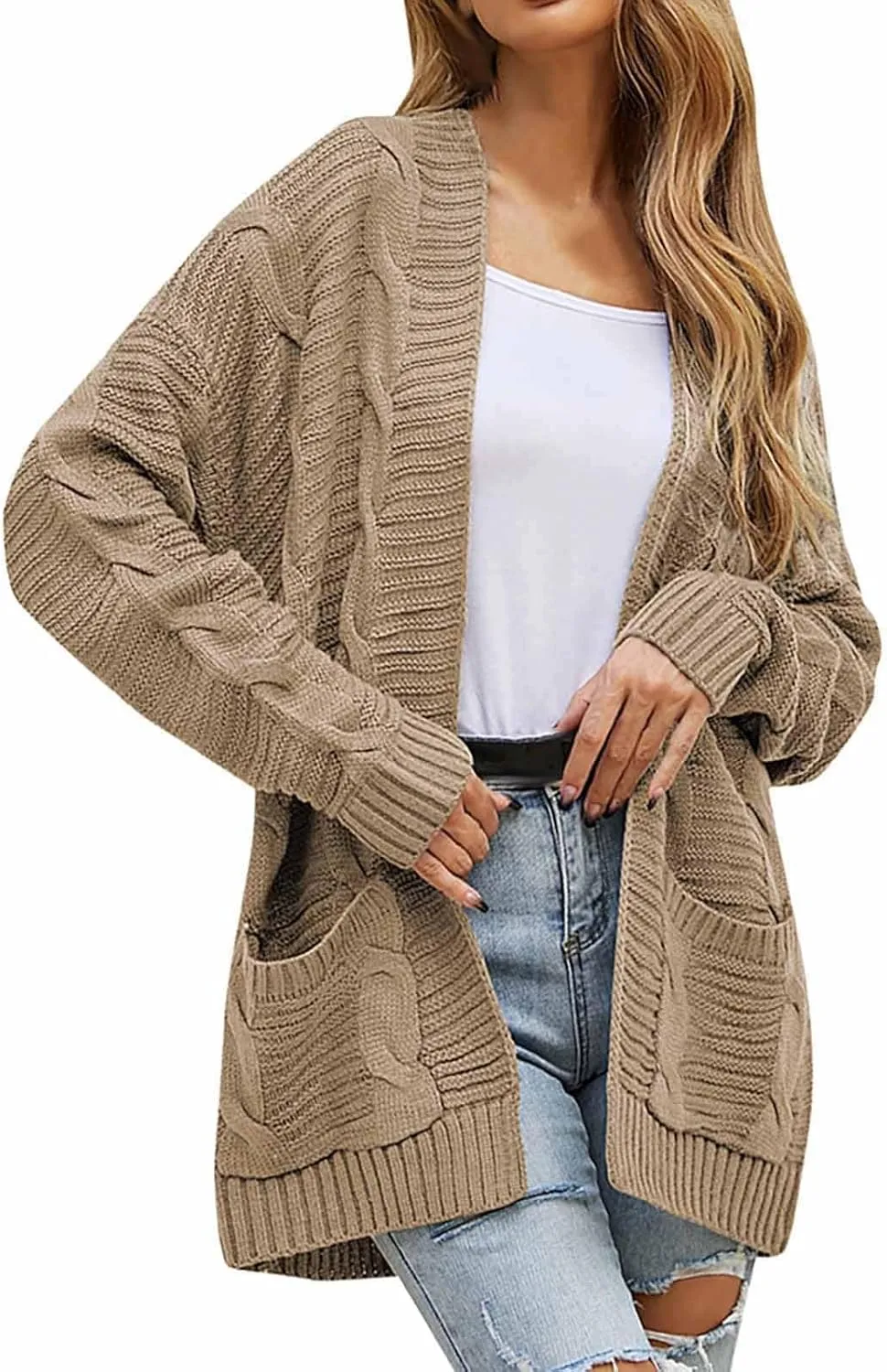 Oversized Cardigans for Women Long Sleeve Cable Knit Sweater Comfy Open Front Cardigan with Pockets