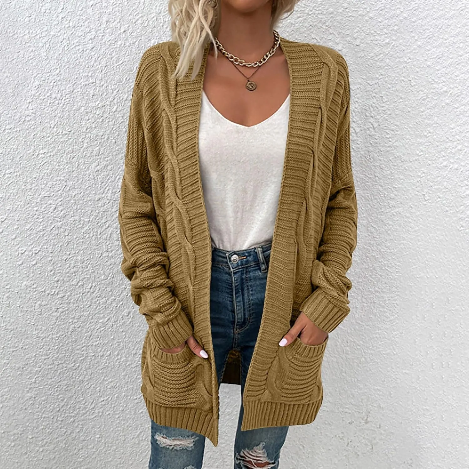 Oversized Cardigans for Women Long Sleeve Cable Knit Sweater Comfy Open Front Cardigan with Pockets