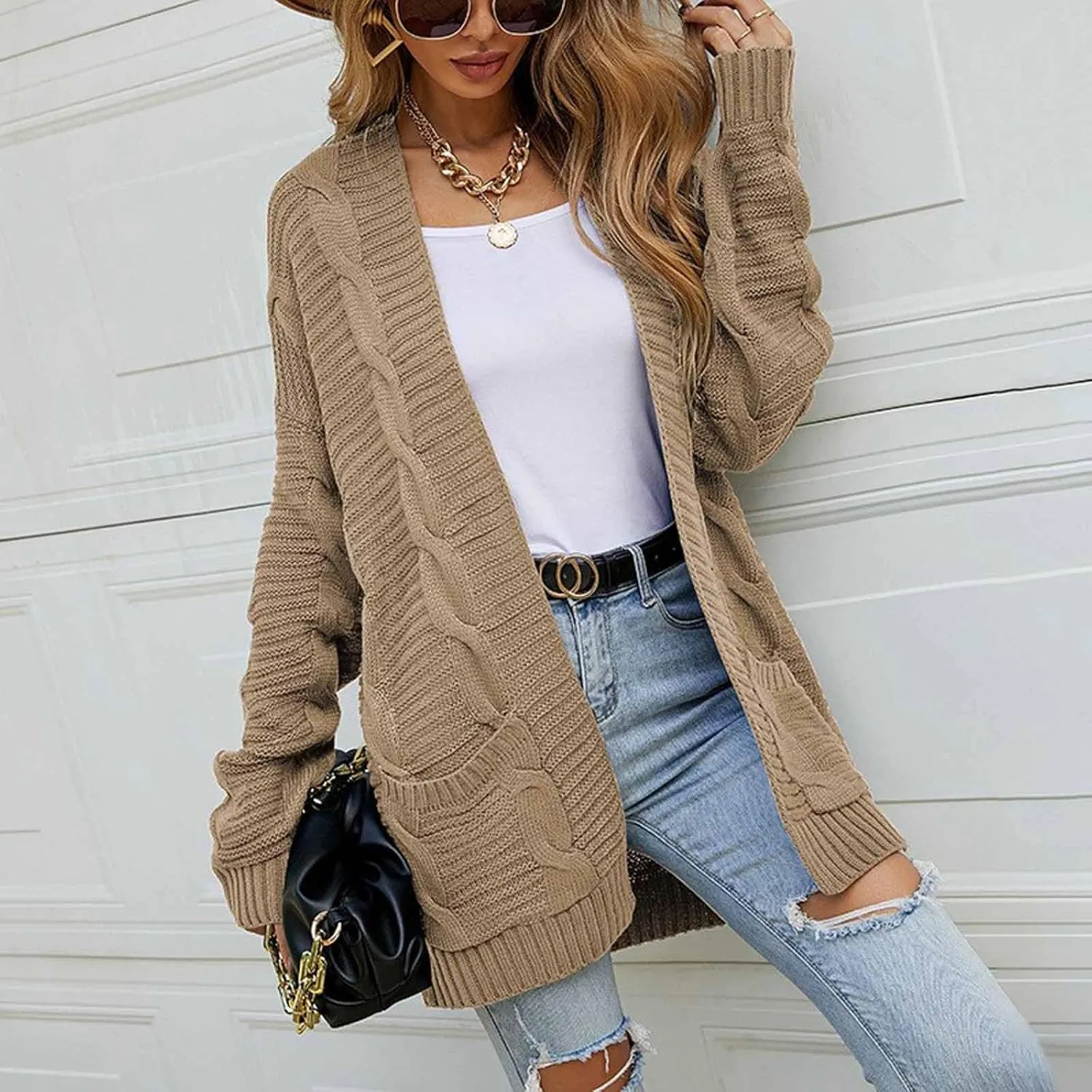 Oversized Cardigans for Women Long Sleeve Cable Knit Sweater Comfy Open Front Cardigan with Pockets
