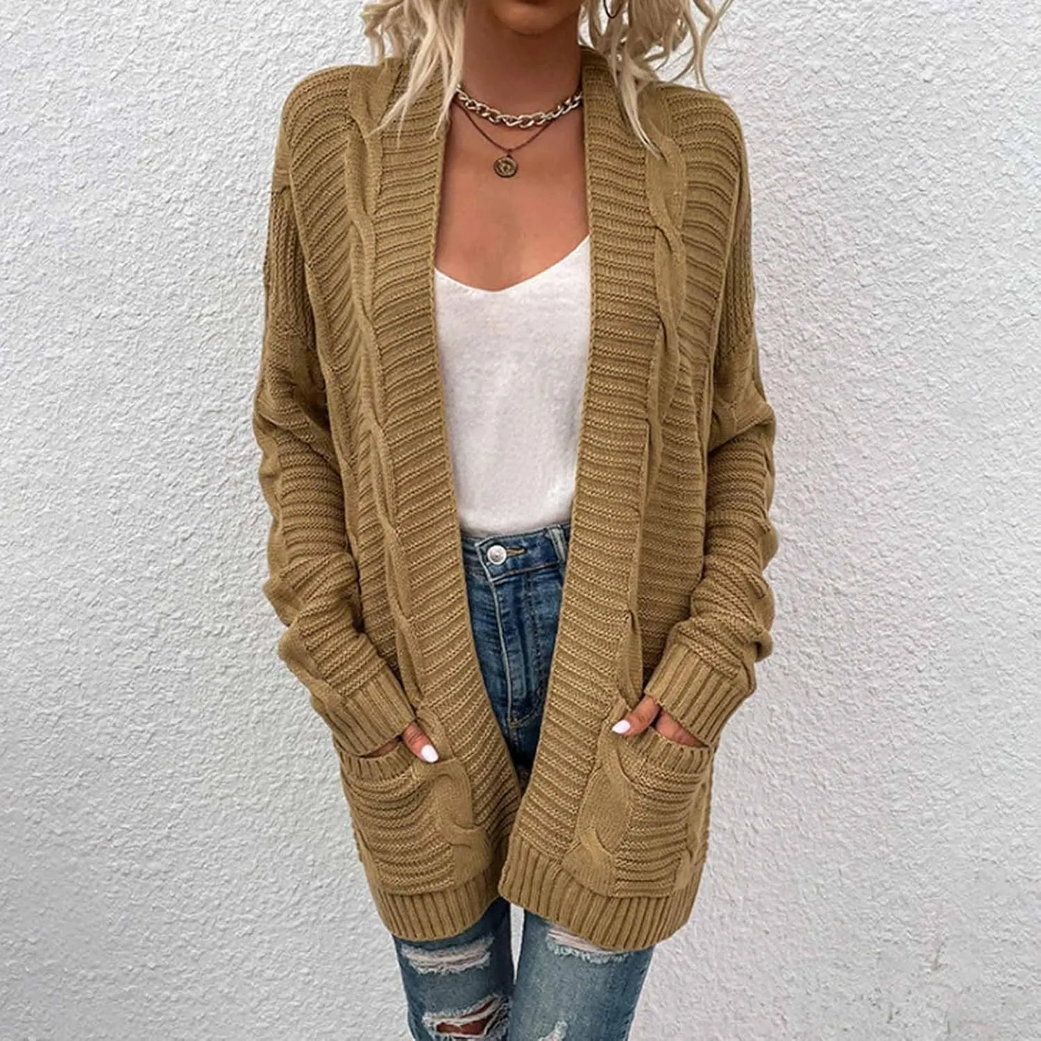 Oversized Cardigans for Women Long Sleeve Cable Knit Sweater Comfy Open Front Cardigan with Pockets