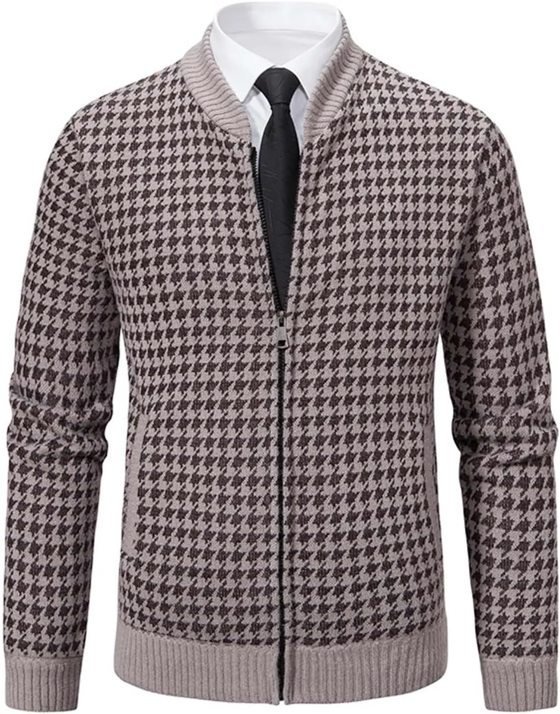 Oversized Knit Sweater for Men Zipper Houndstooth Print Pullover Slim Fit Autumn Fashion Pullover Sweater