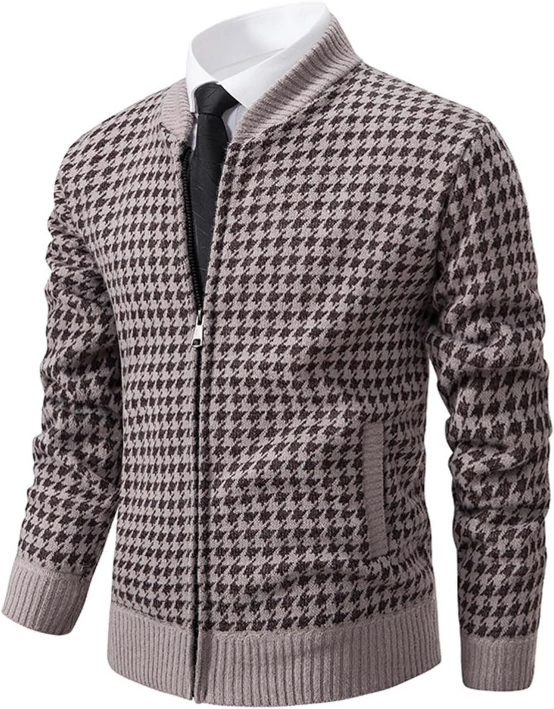 Oversized Knit Sweater for Men Zipper Houndstooth Print Pullover Slim Fit Autumn Fashion Pullover Sweater