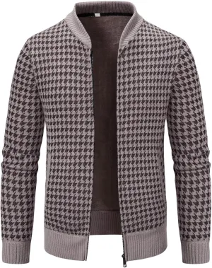 Oversized Knit Sweater for Men Zipper Houndstooth Print Pullover Slim Fit Autumn Fashion Pullover Sweater