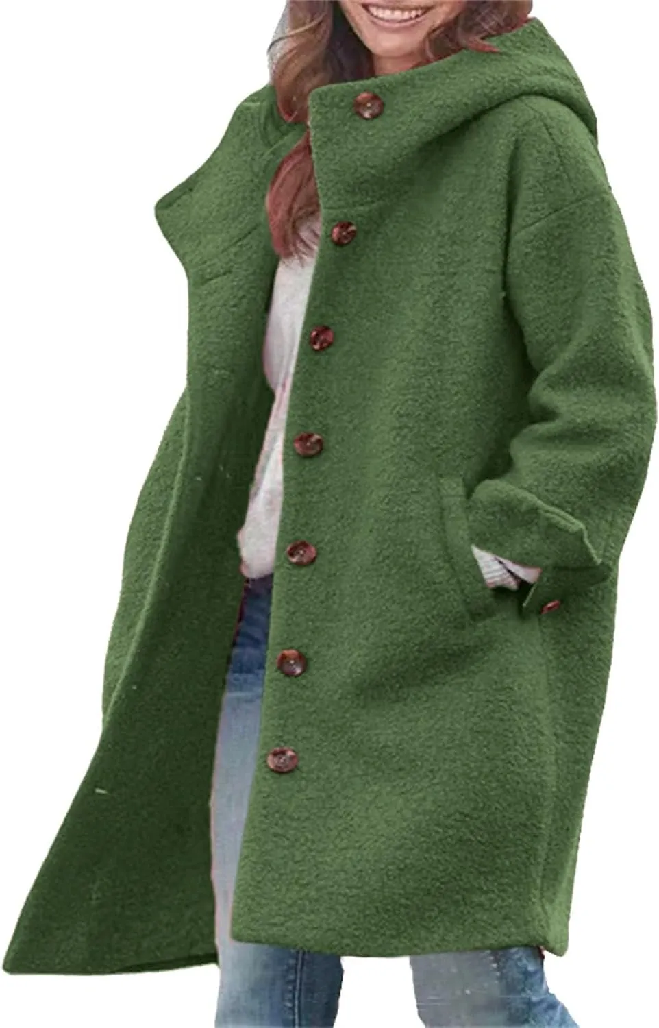 Oversized Long Fuzzy Jackets for Women Winter Thermal Loose Outwear with Pockets Trendy Button Down Lapel Jacket Coat