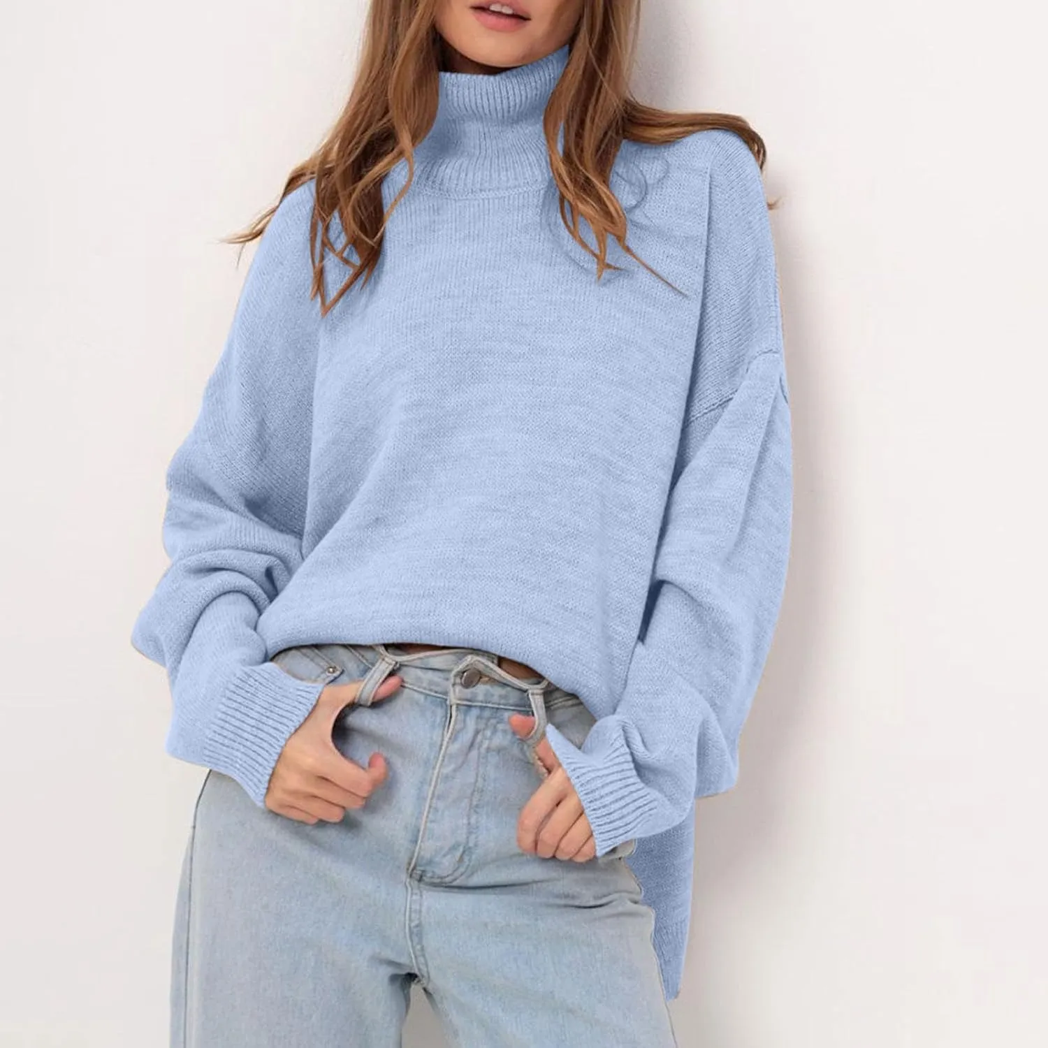 Oversized Sweaters for Women Fall Winter Long Sleeve Turtleneck Knit Pullover Solid Color Casual Loose Fit Jumper Tops