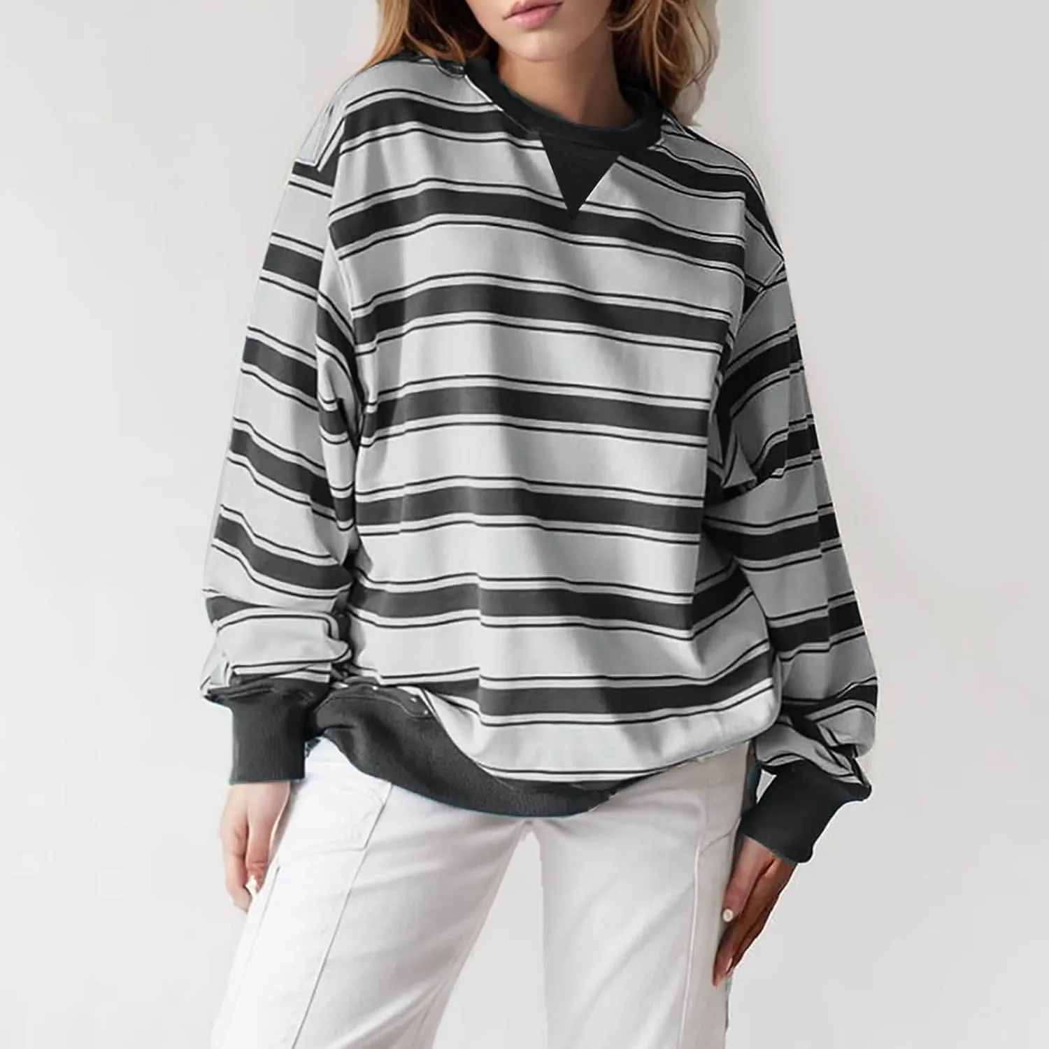 Oversized Sweatshirt for Women Striped Print Lightweight Crewneck Long Sleeve Pullover Tops Fall Workout Loose Hoodie