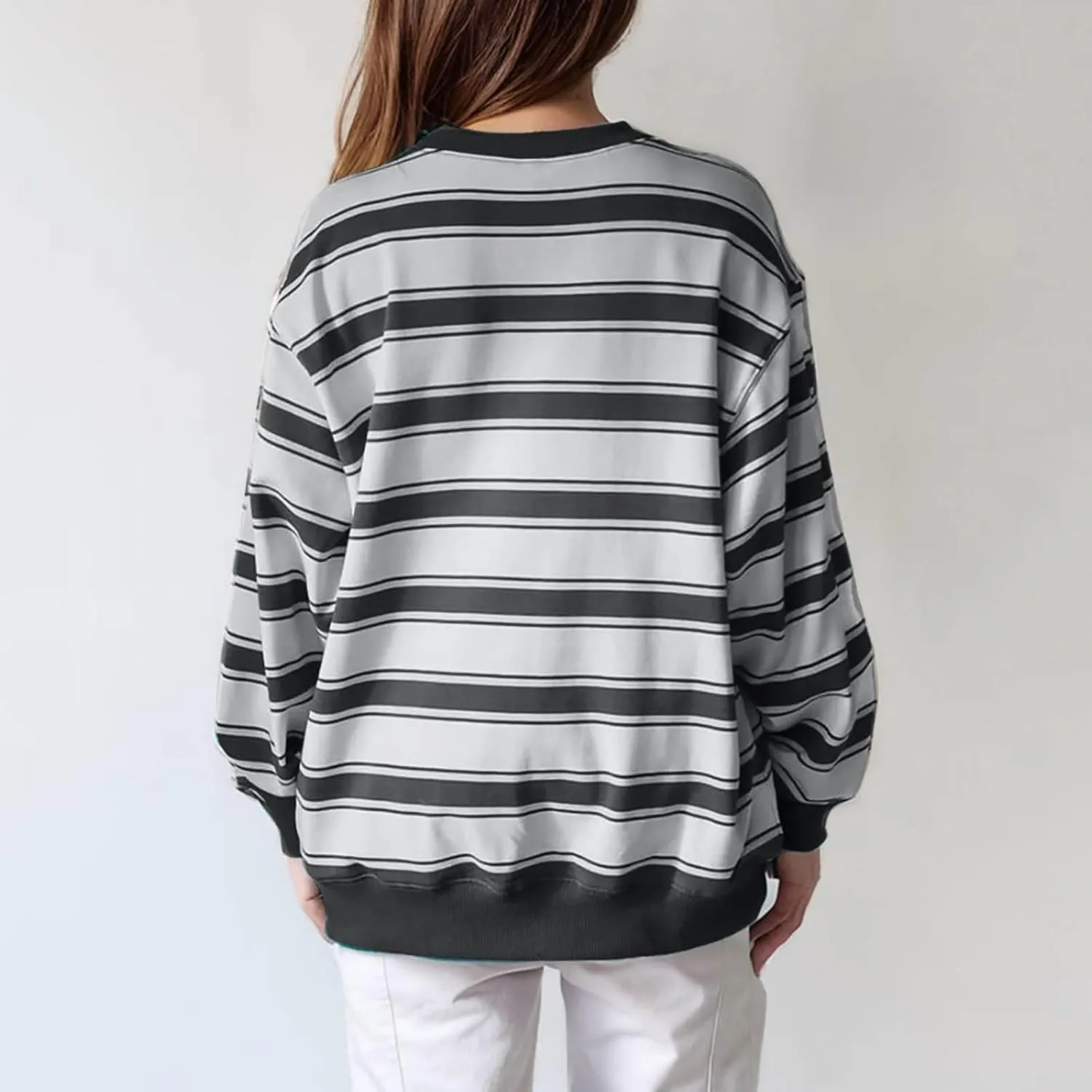 Oversized Sweatshirt for Women Striped Print Lightweight Crewneck Long Sleeve Pullover Tops Fall Workout Loose Hoodie
