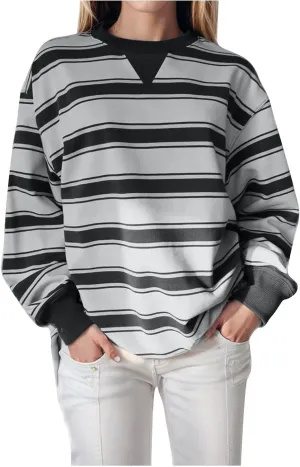 Oversized Sweatshirt for Women Striped Print Lightweight Crewneck Long Sleeve Pullover Tops Fall Workout Loose Hoodie