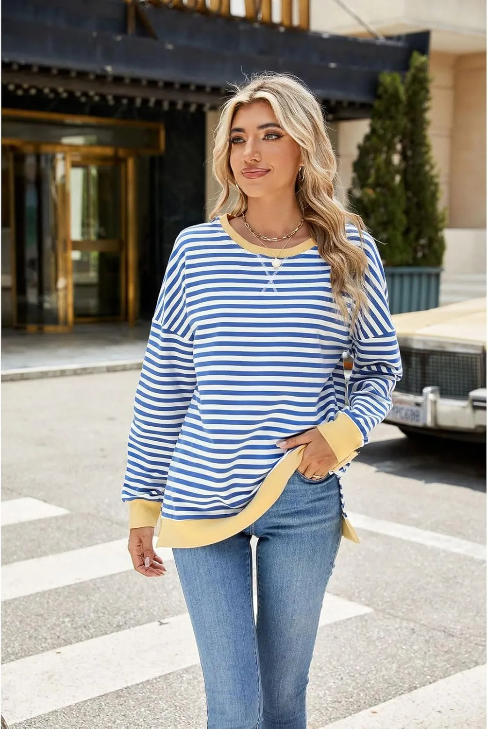 Oversized Sweatshirts For Women Loose Fit 2024 Fall Outfits Crewneck Striped Long Sleeve Shirts Fashion Preppy Top