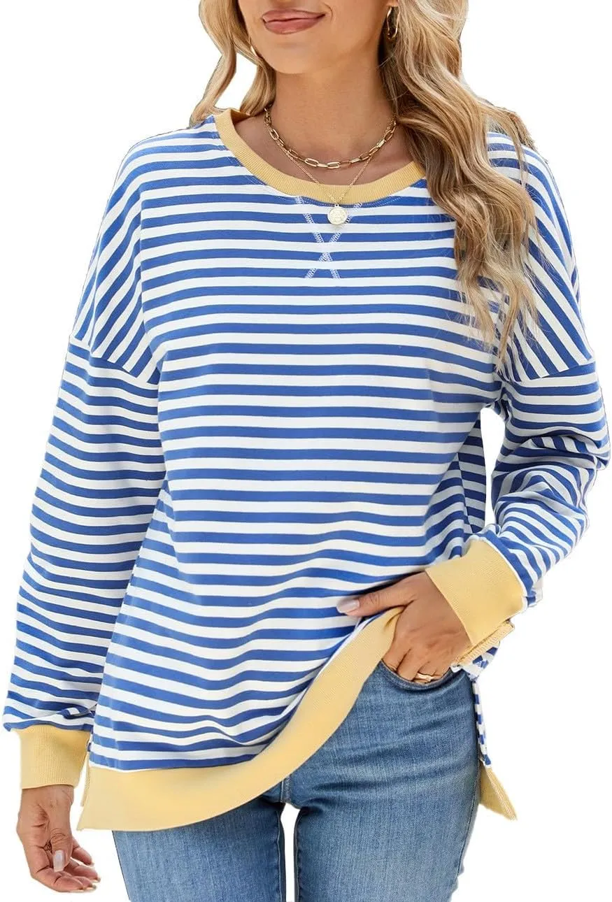Oversized Sweatshirts For Women Loose Fit 2024 Fall Outfits Crewneck Striped Long Sleeve Shirts Fashion Preppy Top
