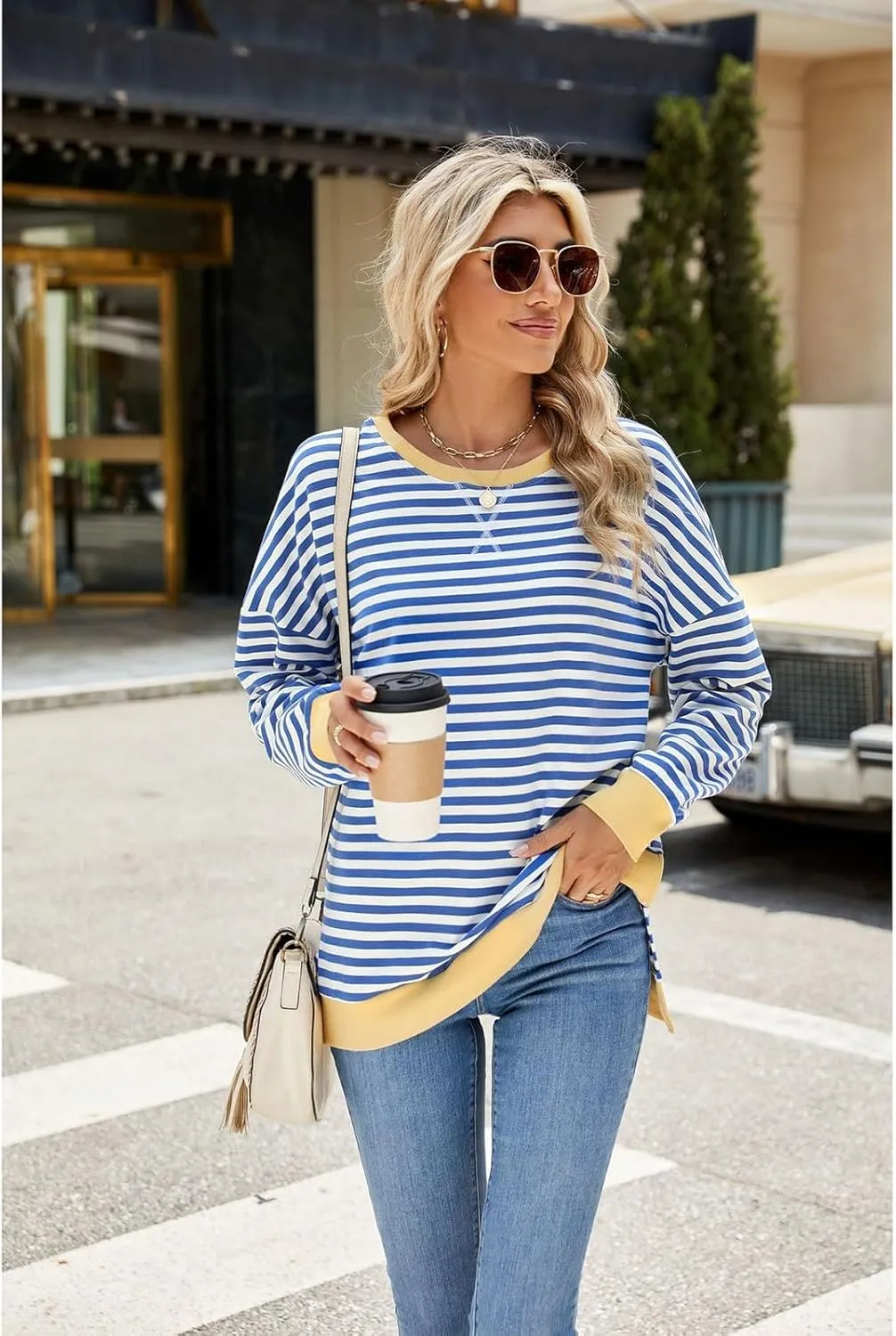 Oversized Sweatshirts For Women Loose Fit 2024 Fall Outfits Crewneck Striped Long Sleeve Shirts Fashion Preppy Top