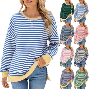 Oversized Sweatshirts For Women Loose Fit 2024 Fall Outfits Crewneck Striped Long Sleeve Shirts Fashion Preppy Top