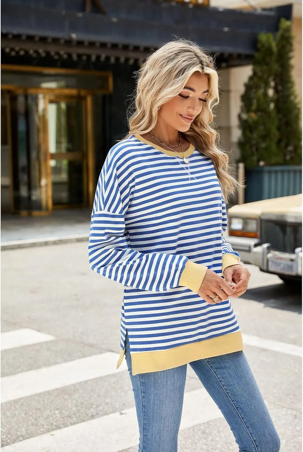 Oversized Sweatshirts For Women Loose Fit 2024 Fall Outfits Crewneck Striped Long Sleeve Shirts Fashion Preppy Top