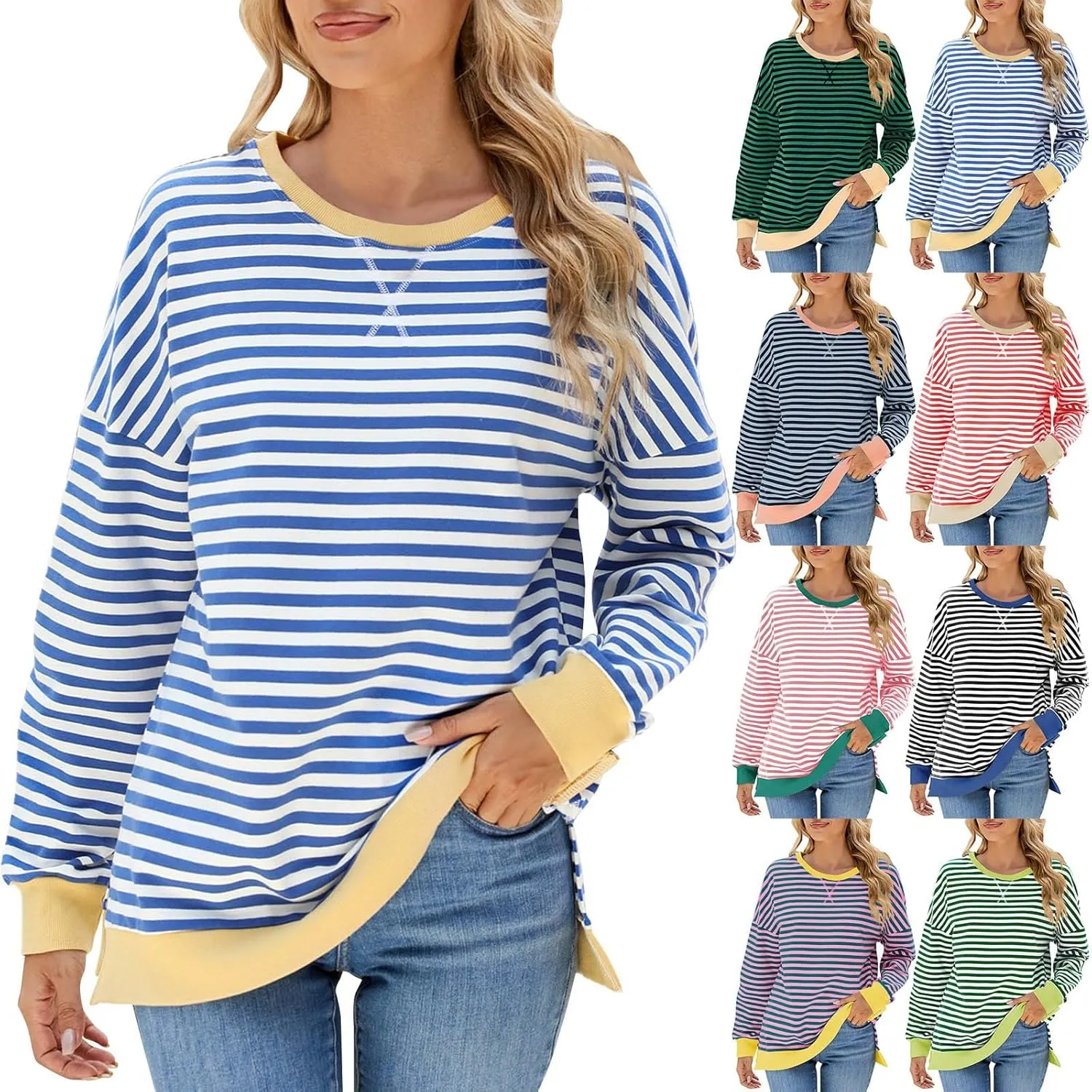 Oversized Sweatshirts For Women Loose Fit 2024 Fall Outfits Crewneck Striped Long Sleeve Shirts Fashion Preppy Top
