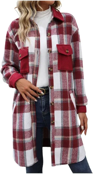 Plaid Trench Coat Women Single Breasted Pea Coat Wool Blend Long Coat Vintage Trench Coats Falll Winter Outfits