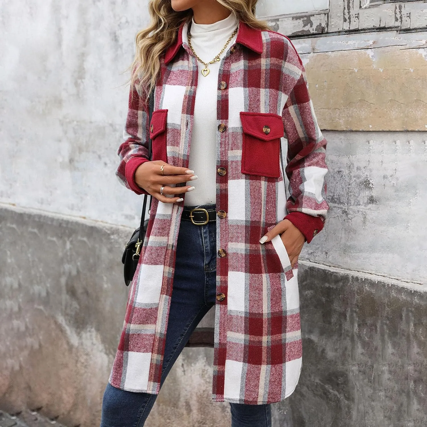 Plaid Trench Coat Women Single Breasted Pea Coat Wool Blend Long Coat Vintage Trench Coats Falll Winter Outfits