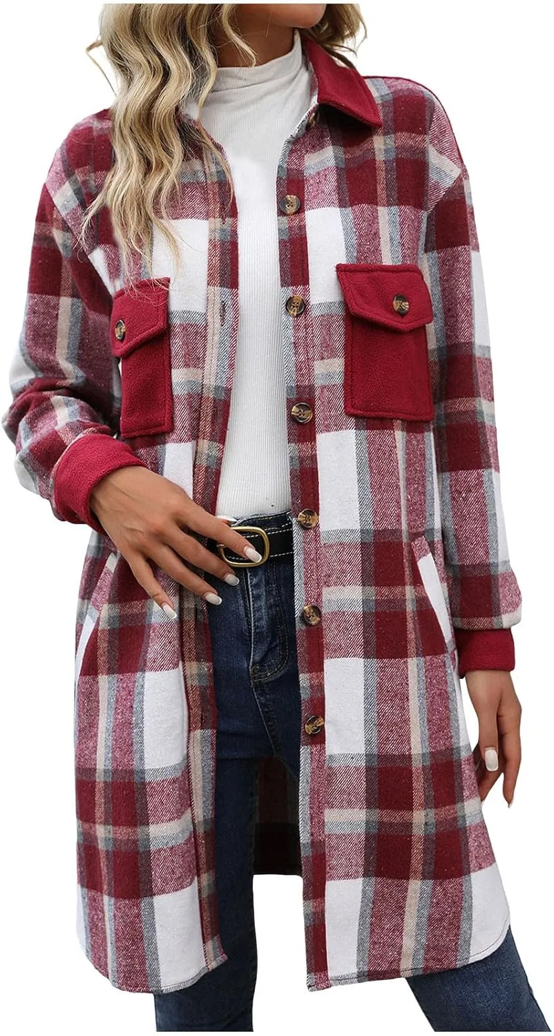 Plaid Trench Coat Women Single Breasted Pea Coat Wool Blend Long Coat Vintage Trench Coats Falll Winter Outfits