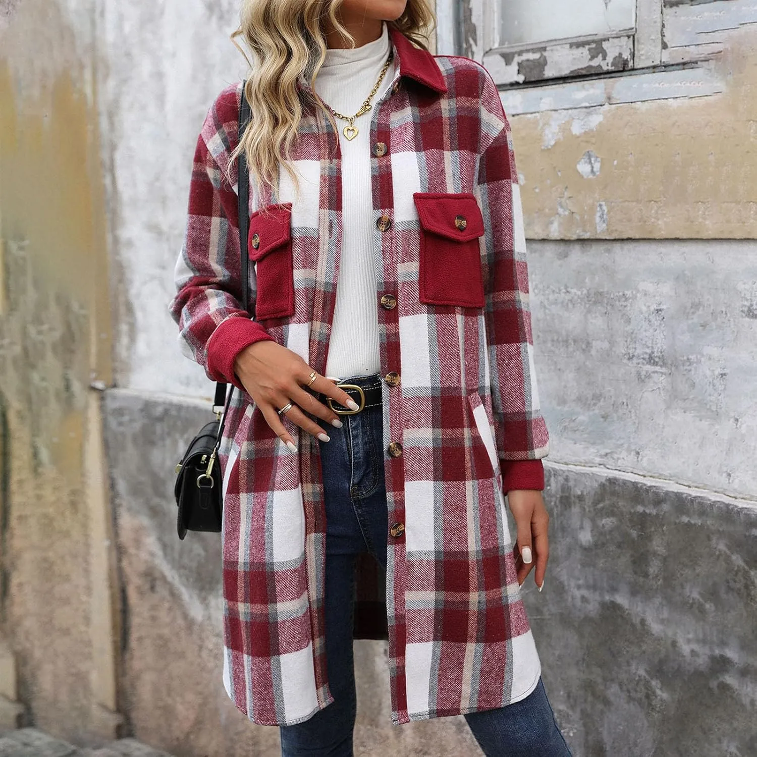 Plaid Trench Coat Women Single Breasted Pea Coat Wool Blend Long Coat Vintage Trench Coats Falll Winter Outfits