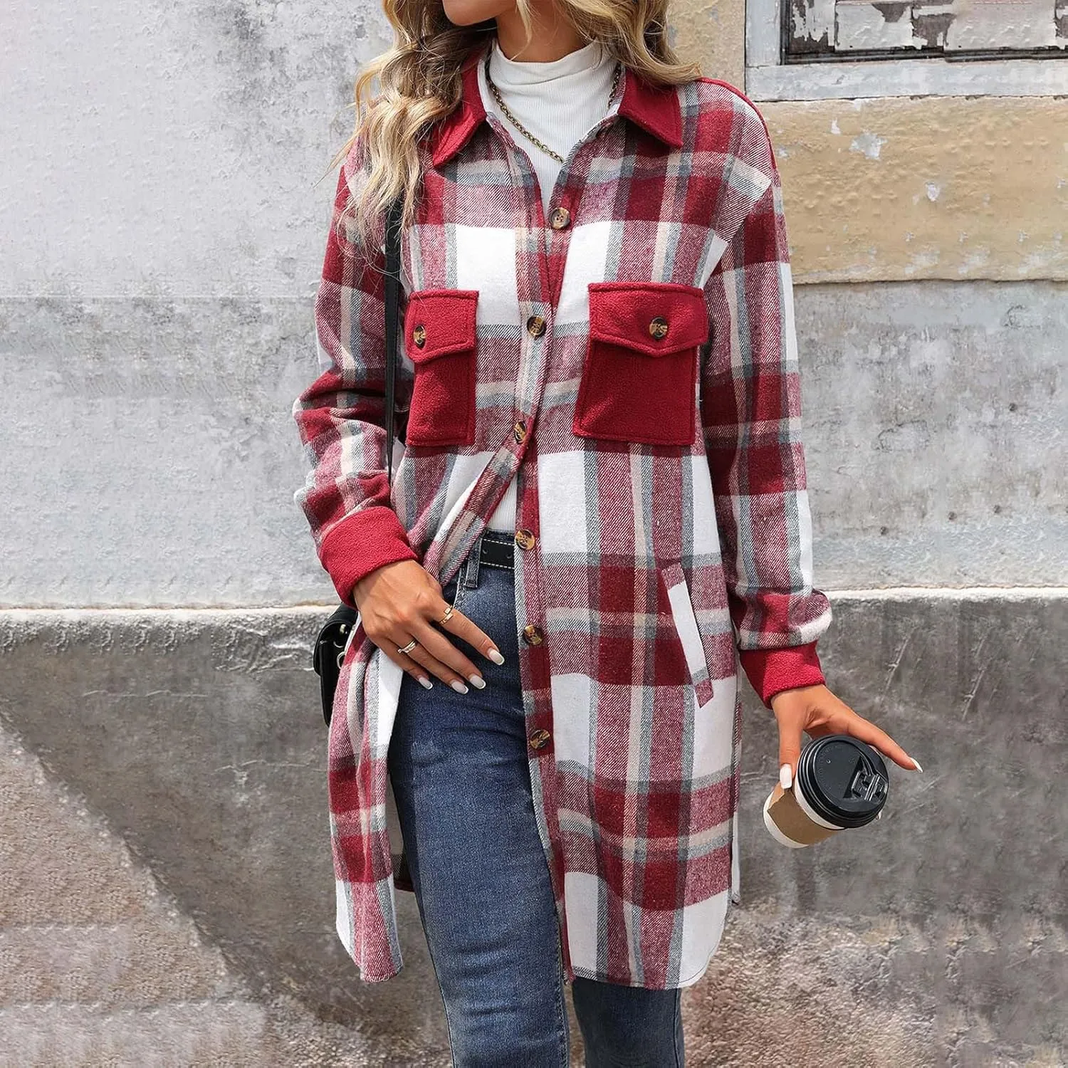 Plaid Trench Coat Women Single Breasted Pea Coat Wool Blend Long Coat Vintage Trench Coats Falll Winter Outfits