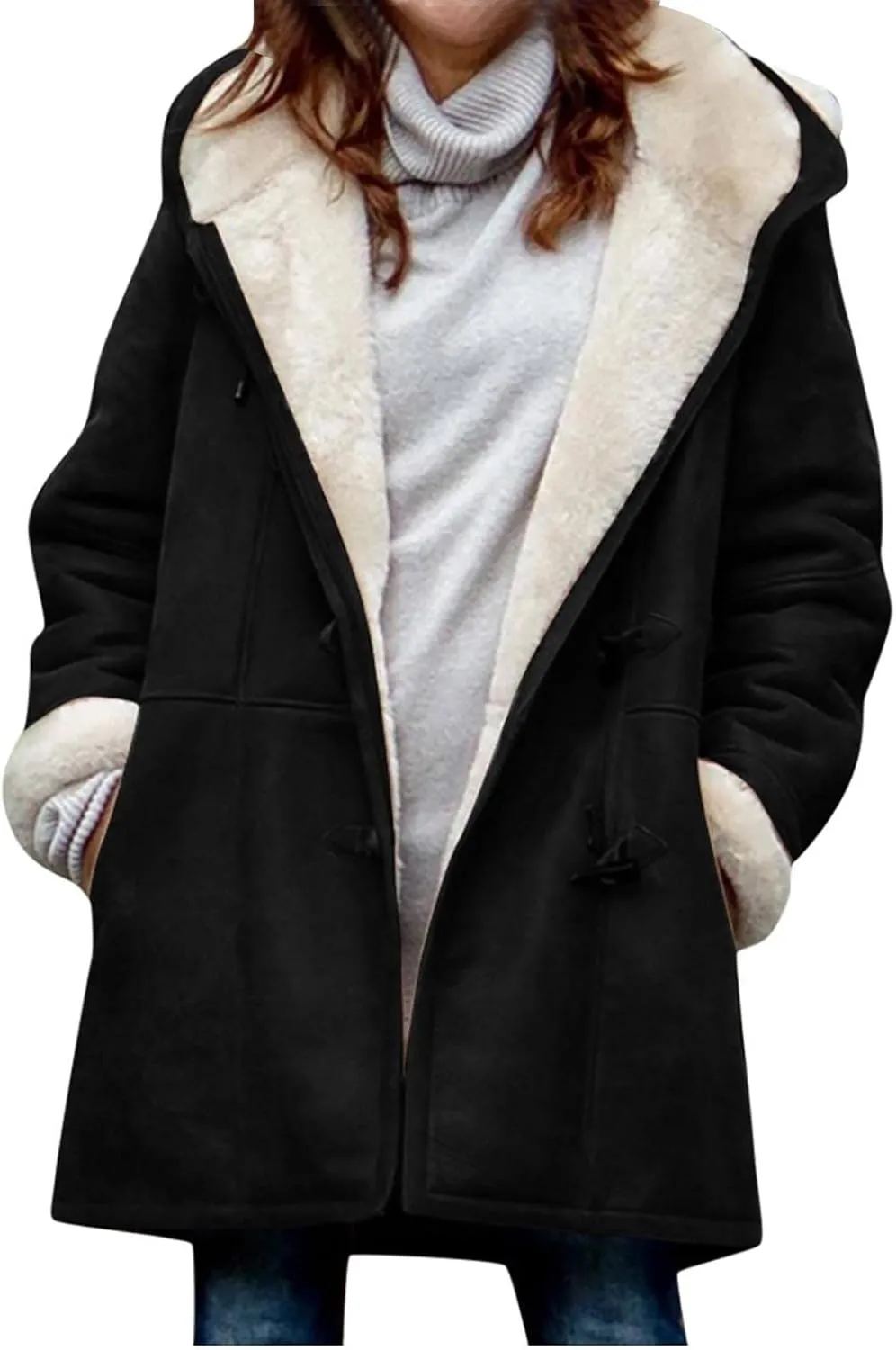 Plus Size Winter Coats for Women 2024 Warm Sherpa Fleece Lined Distressed Jackets Hooded Parka Faux Suede Pea Coat Outerwear